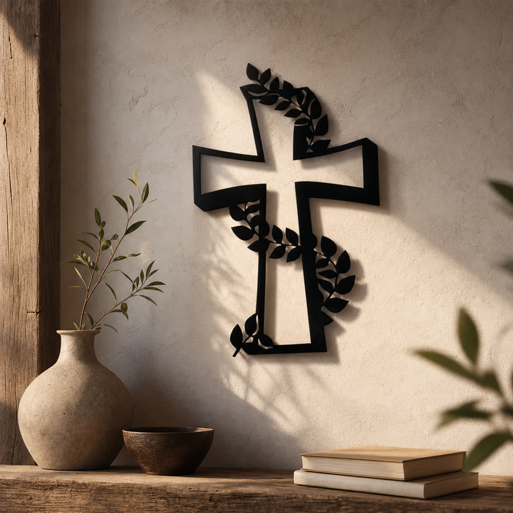 Christianartworkshop Modernes Kreuz mit Rankenmuster als Wanddekoration aus Metall: Ein kraftvolles Zeichen wachsenden Glaubens - image 0