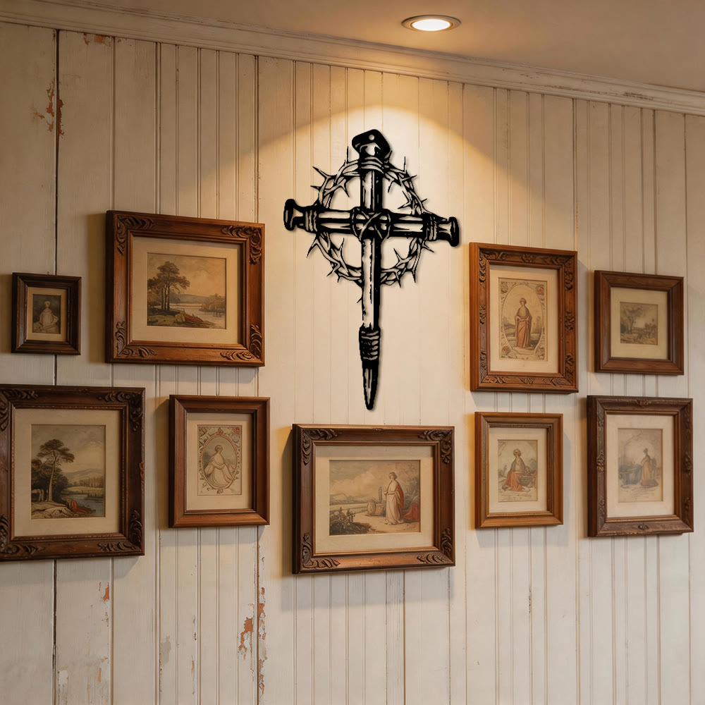 Christianartworkshop Nagelkreuz mit Dornenkrone – Wanddekoration aus Metall: Ein Symbol für Christi Opfer - image 1