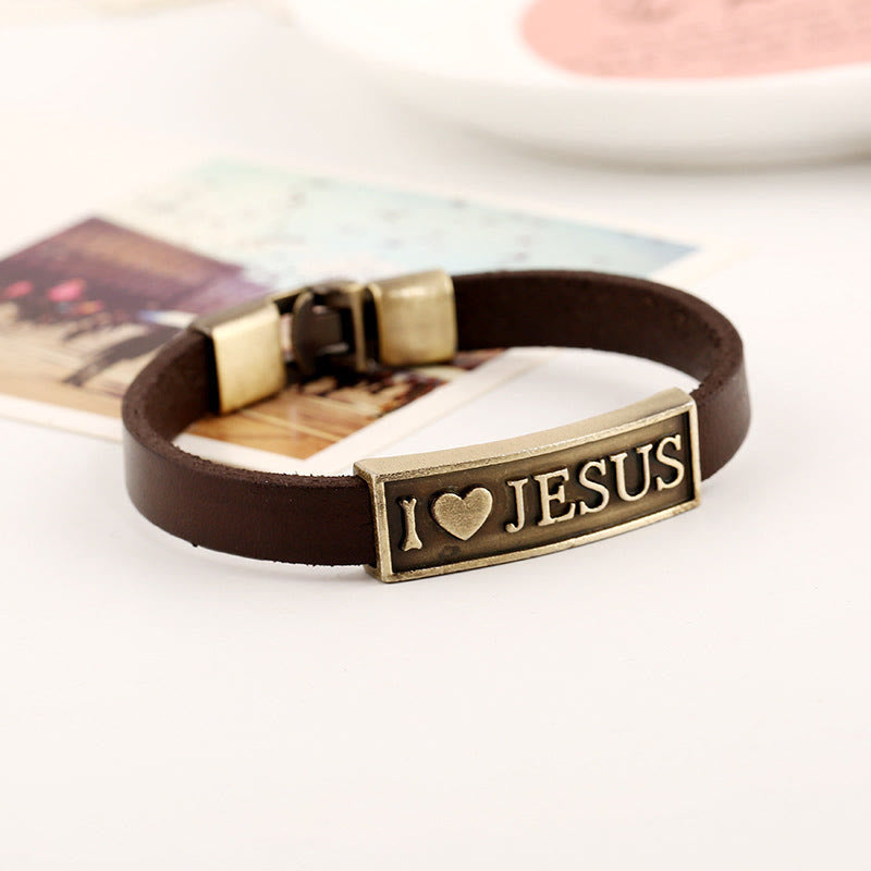 Christianartworkshop Antikisiertes Messing-Lederarmband „Ich liebe Jesus“ mit geprägtem Herzmotiv: Eine Erinnerung an die göttliche Liebe - Ich liebe Jesus - image 0