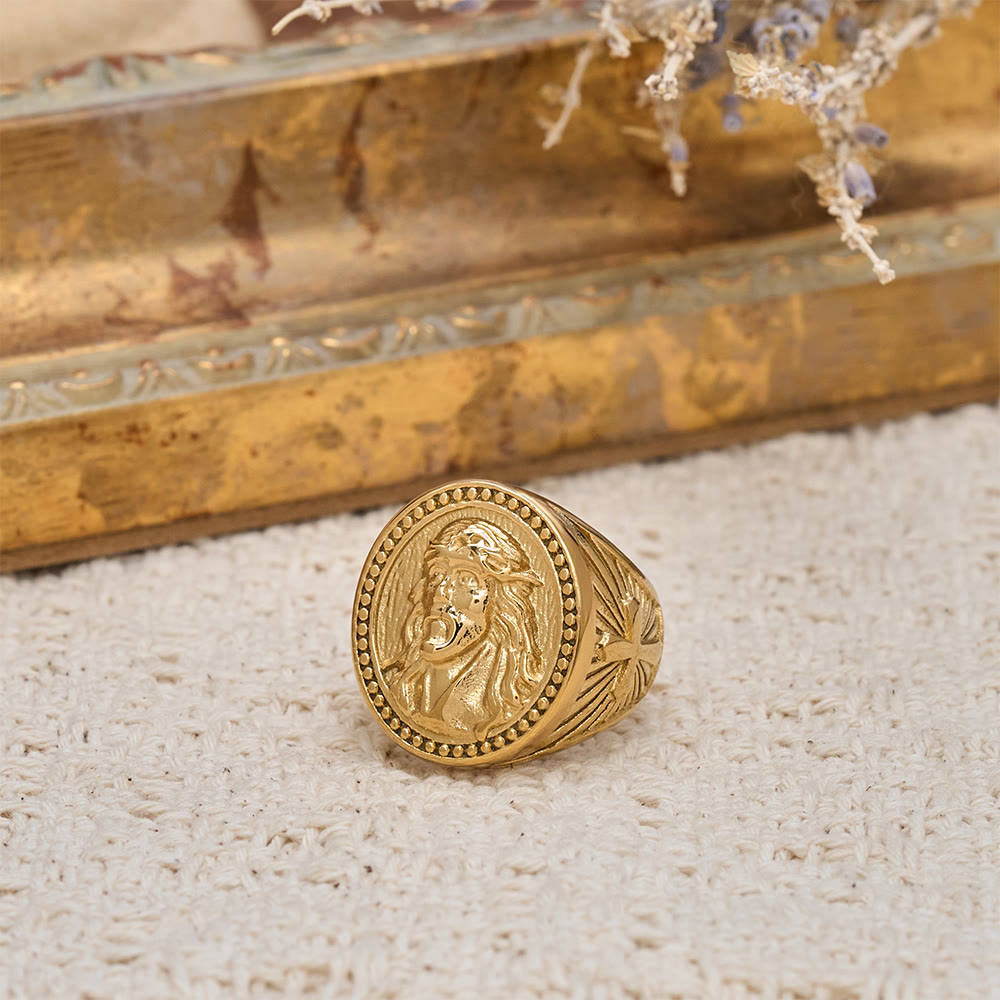 Christianartworkshop Zweifarbiger Jesus-Porträtring mit Perlenrand und Kreuzdetail: Eine Erinnerung an das göttliche Opfer - Golden - US 13 - image 2