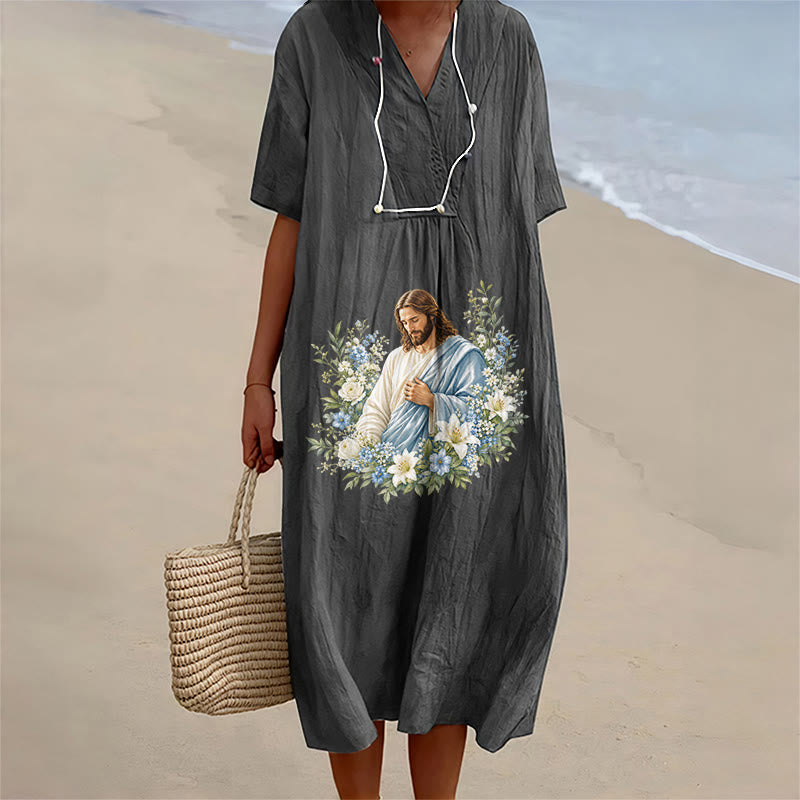 Christianartworkshop Jesus-Blumenkranz-Aquarell-Midikleid mit V-Ausschnitt und kurzen Ärmeln - Schwarz - 4XL - image 8