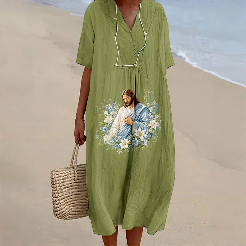 Christianartworkshop Jesus-Blumenkranz-Aquarell-Midikleid mit V-Ausschnitt und kurzen Ärmeln - Olivgrün - 4XL - image 10