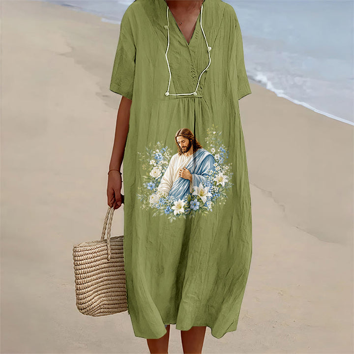 Christianartworkshop Jesus-Blumenkranz-Aquarell-Midikleid mit V-Ausschnitt und kurzen Ärmeln - Olivgrün - 4XL - image 10
