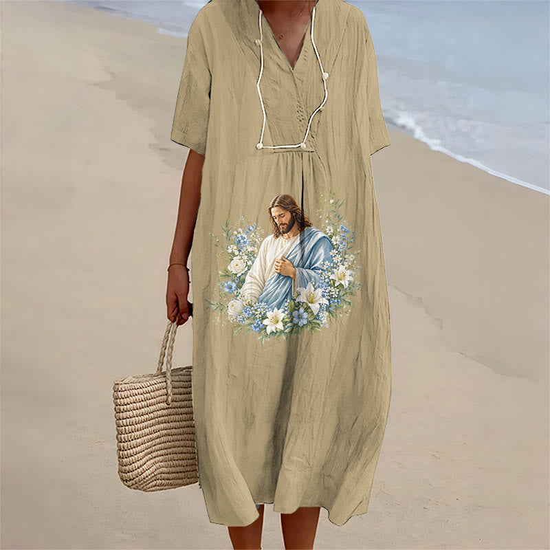Christianartworkshop Jesus-Blumenkranz-Aquarell-Midikleid mit V-Ausschnitt und kurzen Ärmeln - Khaki - 4XL - image 2