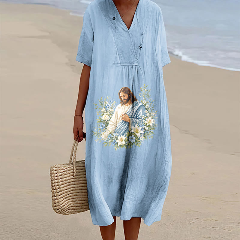 Christianartworkshop Jesus-Blumenkranz-Aquarell-Midikleid mit V-Ausschnitt und kurzen Ärmeln - Blau - 4XL - image 0