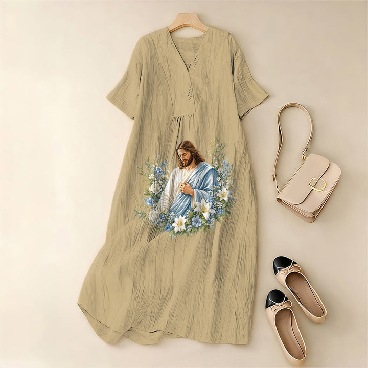 Christianartworkshop Jesus-Blumenkranz-Aquarell-Midikleid mit V-Ausschnitt und kurzen Ärmeln - image 3