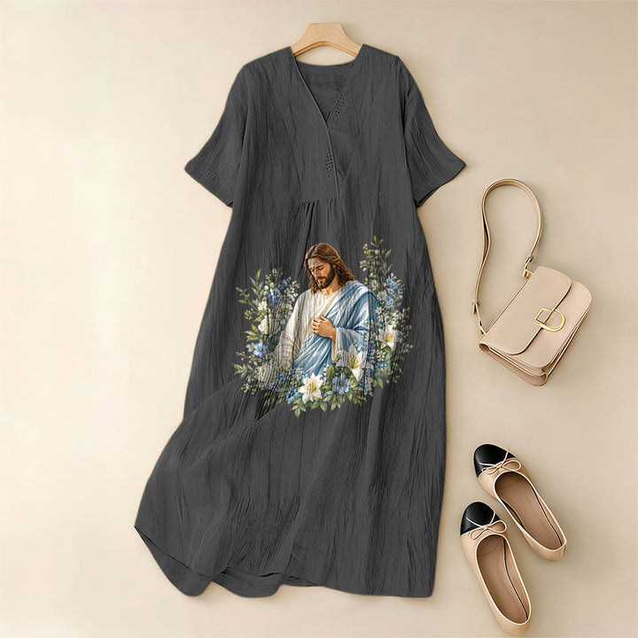 Christianartworkshop Jesus-Blumenkranz-Aquarell-Midikleid mit V-Ausschnitt und kurzen Ärmeln - image 9