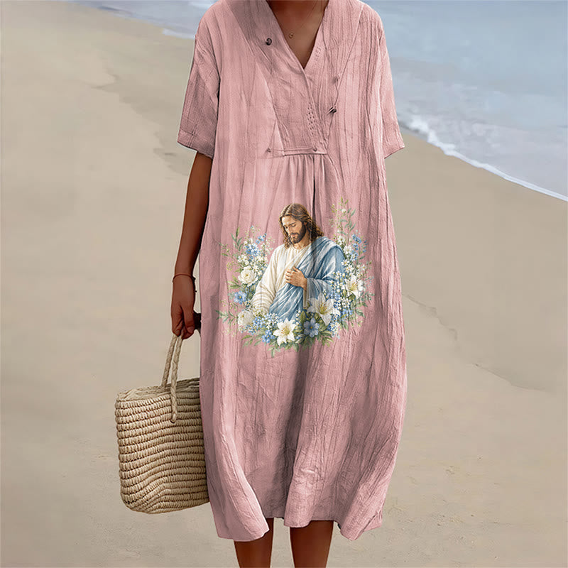 Christianartworkshop Jesus-Blumenkranz-Aquarell-Midikleid mit V-Ausschnitt und kurzen Ärmeln - Rosa - 4XL - image 6