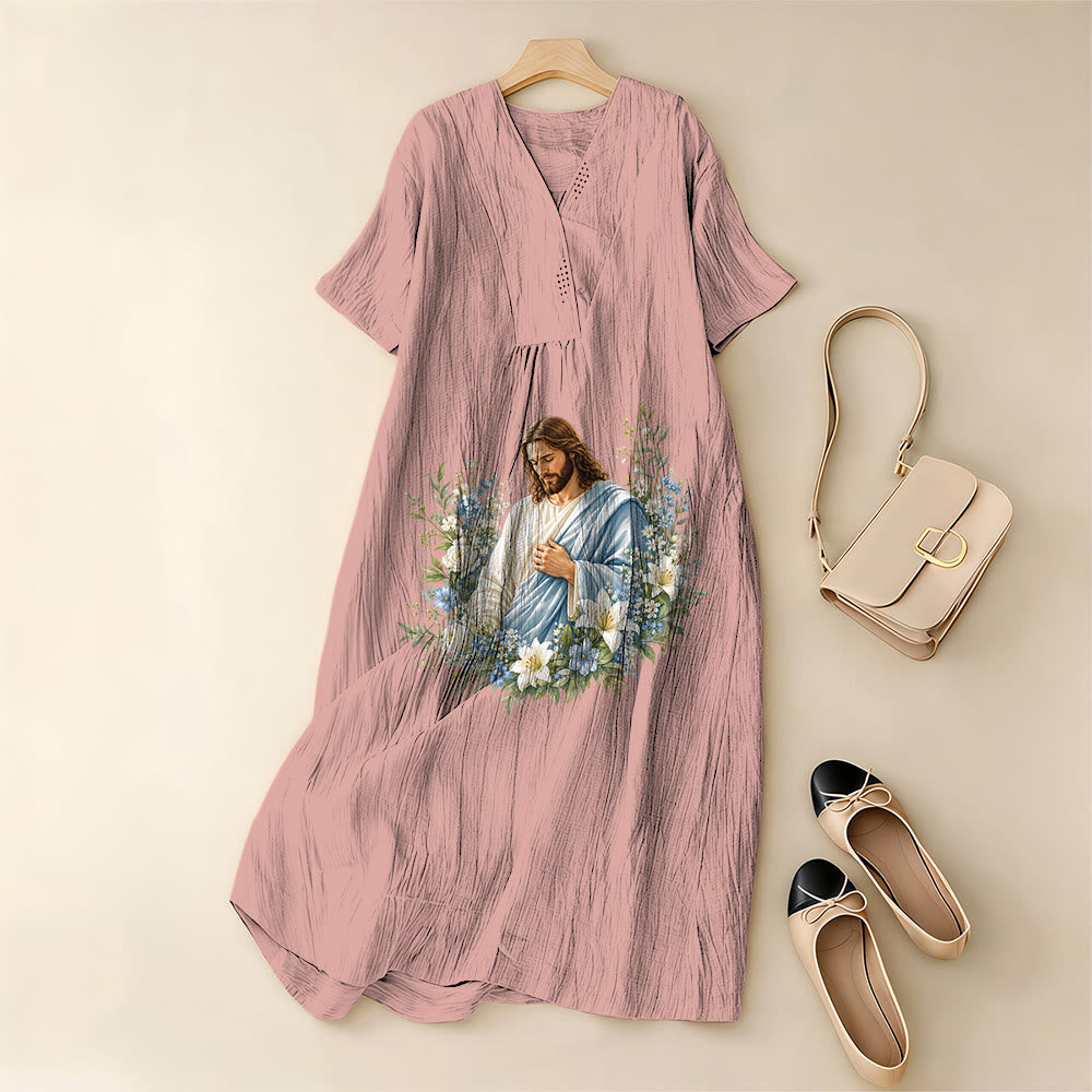 Christianartworkshop Jesus-Blumenkranz-Aquarell-Midikleid mit V-Ausschnitt und kurzen Ärmeln - image 7