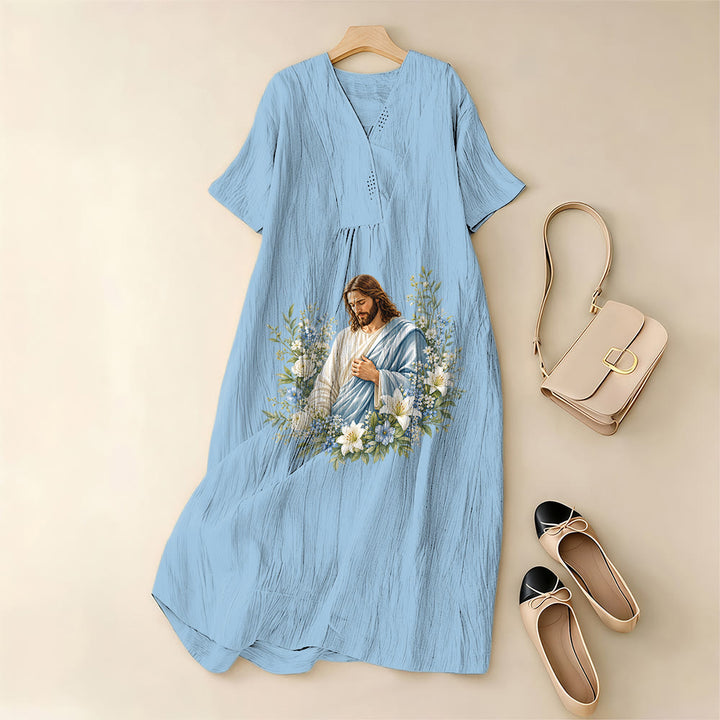 Christianartworkshop Jesus-Blumenkranz-Aquarell-Midikleid mit V-Ausschnitt und kurzen Ärmeln - image 1