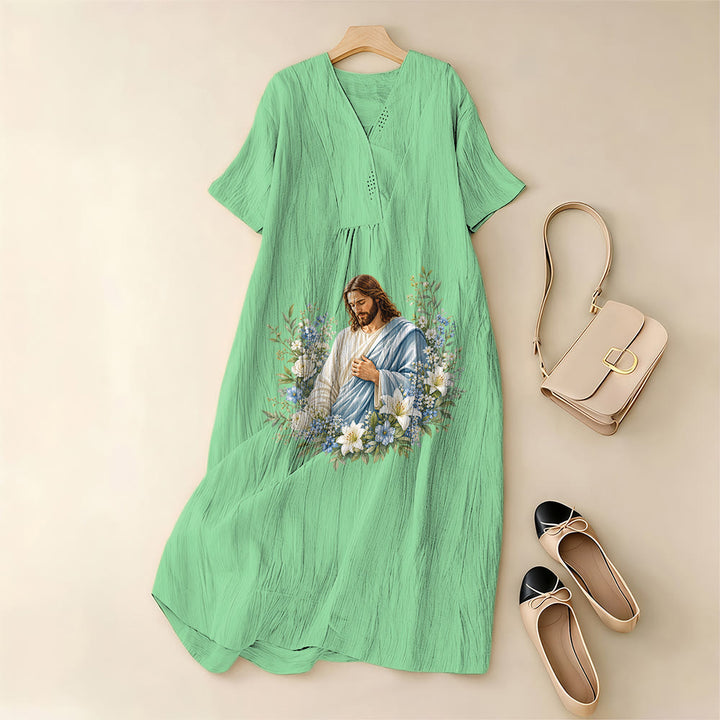 Christianartworkshop Jesus-Blumenkranz-Aquarell-Midikleid mit V-Ausschnitt und kurzen Ärmeln - image 5