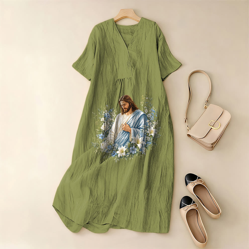 Christianartworkshop Jesus-Blumenkranz-Aquarell-Midikleid mit V-Ausschnitt und kurzen Ärmeln - image 11