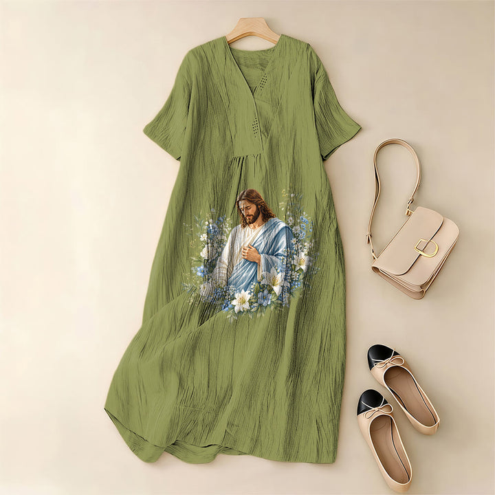 Christianartworkshop Jesus-Blumenkranz-Aquarell-Midikleid mit V-Ausschnitt und kurzen Ärmeln - image 11