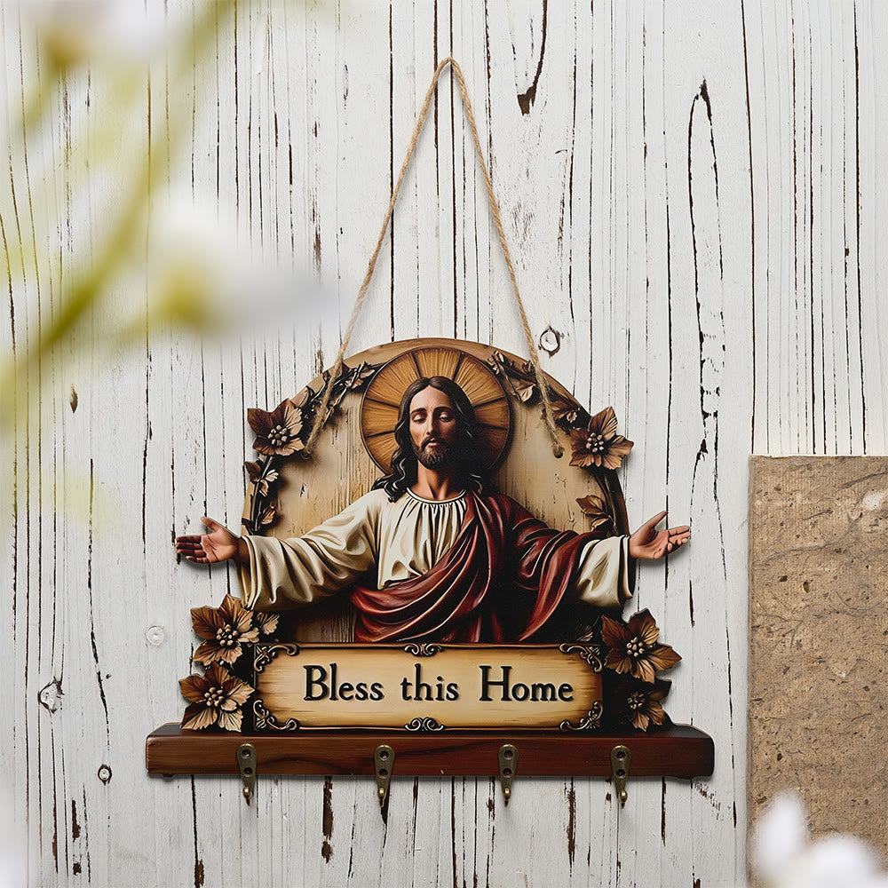 Christianartworkshop Weihnachtsszene / Heilige Familie / Jesus / Mariä Wand-Schlüsselanhänger mit Vintage-Rahmen - Jesus segne dieses Haus - image 0