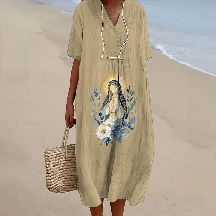 Christianartworkshop Gentle Our Lady Aquarell-Blumenakzent-V-Ausschnitt-Midikleid mit kurzen Ärmeln - Khaki - 4XL - image 4