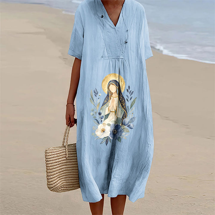 Christianartworkshop Gentle Our Lady Aquarell-Blumenakzent-V-Ausschnitt-Midikleid mit kurzen Ärmeln - Blau - 4XL - image 2