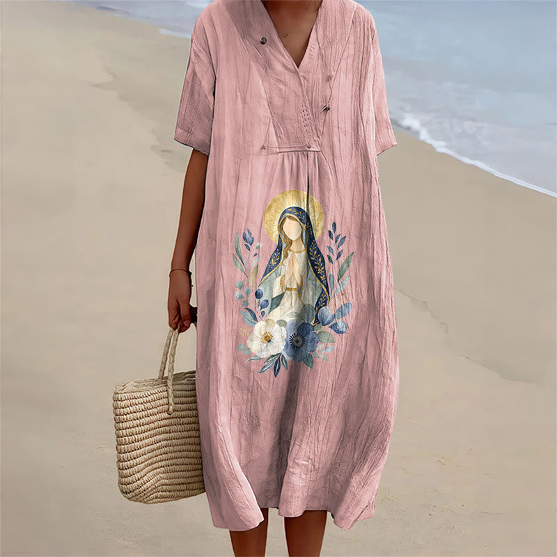 Christianartworkshop Gentle Our Lady Aquarell-Blumenakzent-V-Ausschnitt-Midikleid mit kurzen Ärmeln - Rosa - 4XL - image 0