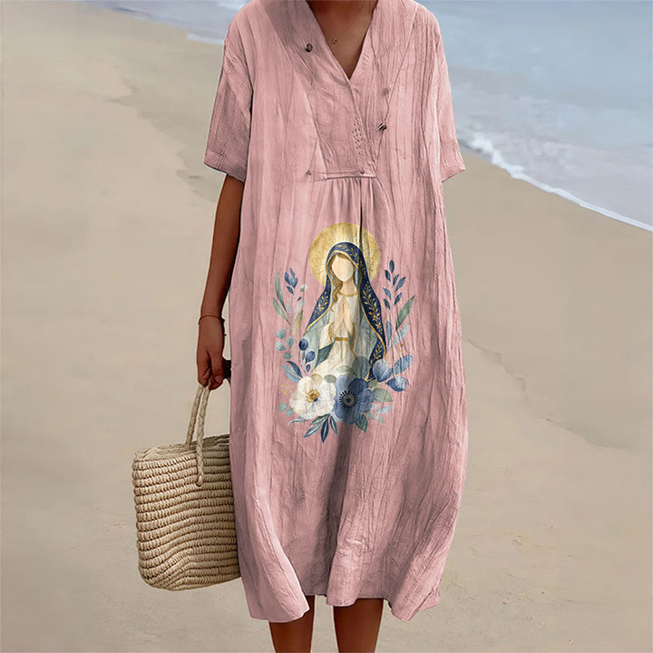 Christianartworkshop Gentle Our Lady Aquarell-Blumenakzent-V-Ausschnitt-Midikleid mit kurzen Ärmeln - Rosa - 4XL - image 0