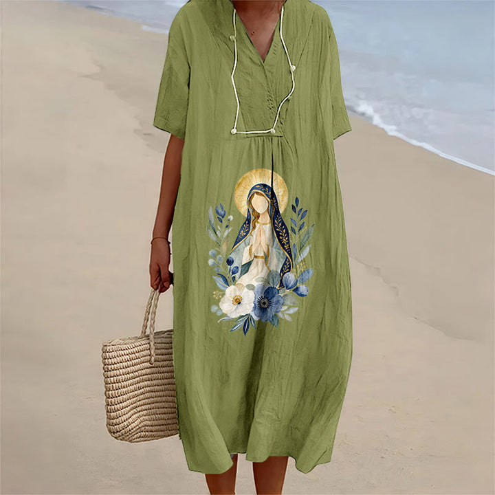 Christianartworkshop Gentle Our Lady Aquarell-Blumenakzent-V-Ausschnitt-Midikleid mit kurzen Ärmeln - Olivgrün - 4XL - image 10