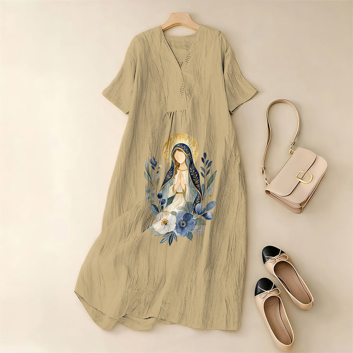 Christianartworkshop Gentle Our Lady Aquarell-Blumenakzent-V-Ausschnitt-Midikleid mit kurzen Ärmeln - image 5