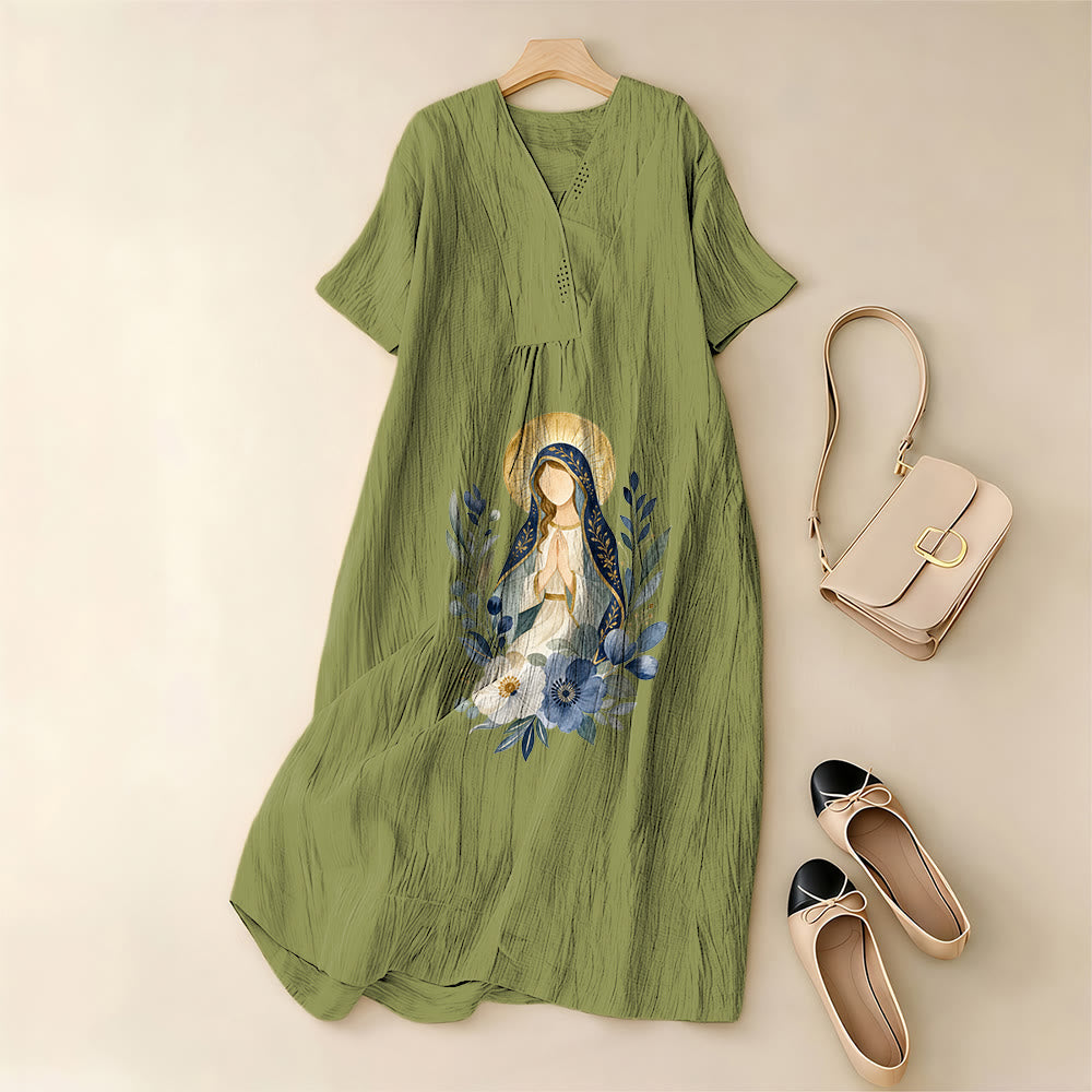Christianartworkshop Gentle Our Lady Aquarell-Blumenakzent-V-Ausschnitt-Midikleid mit kurzen Ärmeln - image 11