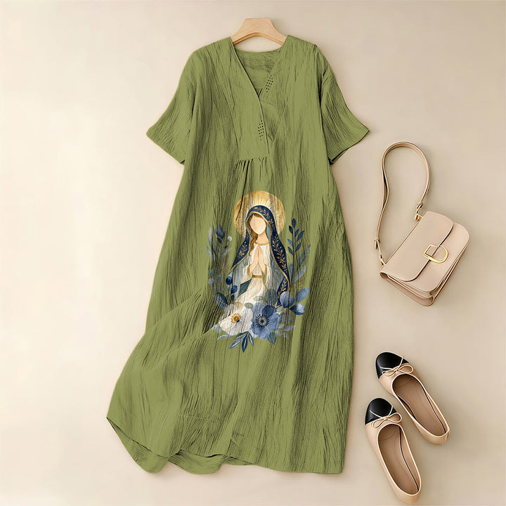 Christianartworkshop Gentle Our Lady Aquarell-Blumenakzent-V-Ausschnitt-Midikleid mit kurzen Ärmeln - image 11