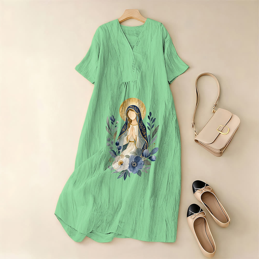 Christianartworkshop Gentle Our Lady Aquarell-Blumenakzent-V-Ausschnitt-Midikleid mit kurzen Ärmeln - image 7