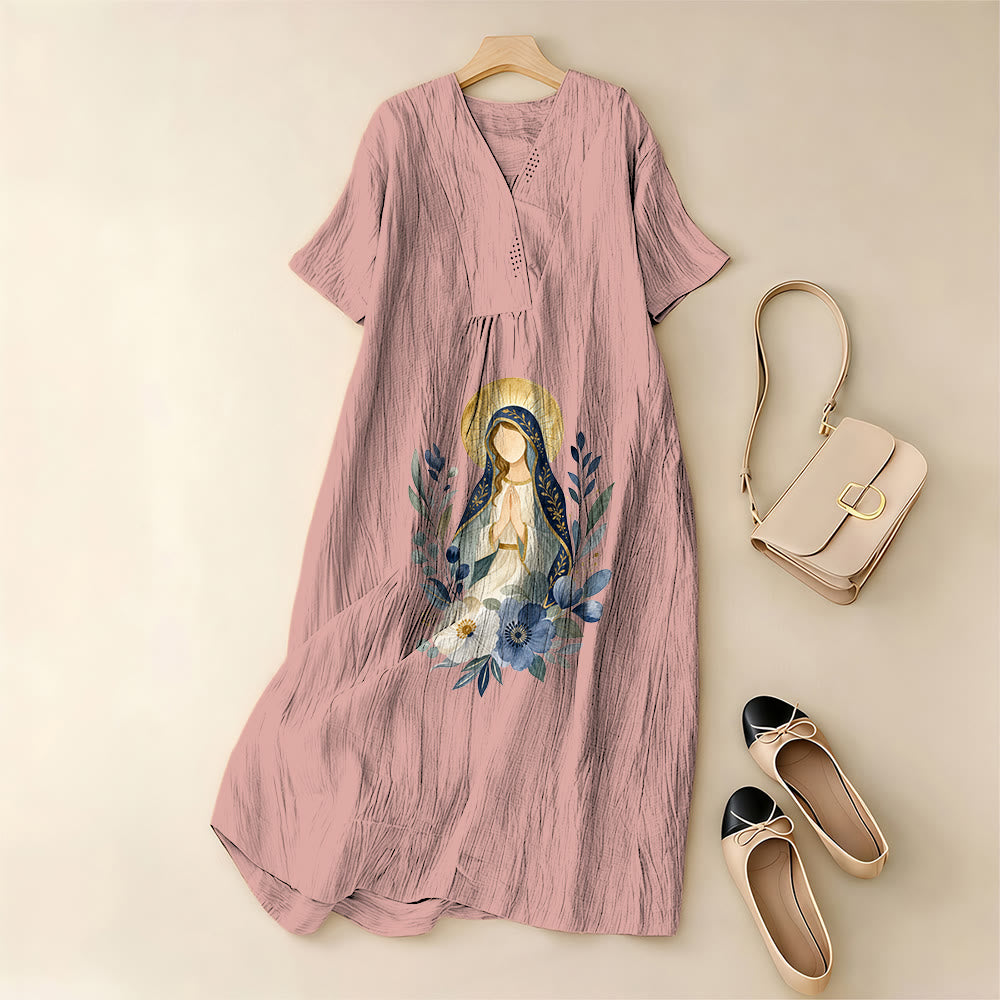 Christianartworkshop Gentle Our Lady Aquarell-Blumenakzent-V-Ausschnitt-Midikleid mit kurzen Ärmeln - image 1