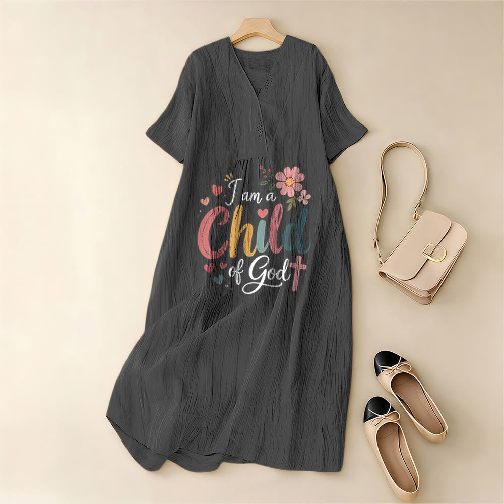 Christianartworkshop Ich bin ein Kind Gottes – Blumen- und Herz-Midikleid mit V-Ausschnitt und kurzen Ärmeln - image 1