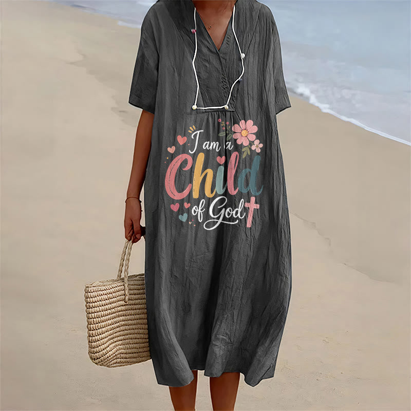 Christianartworkshop Ich bin ein Kind Gottes – Blumen- und Herz-Midikleid mit V-Ausschnitt und kurzen Ärmeln - Schwarz - 4XL - image 0