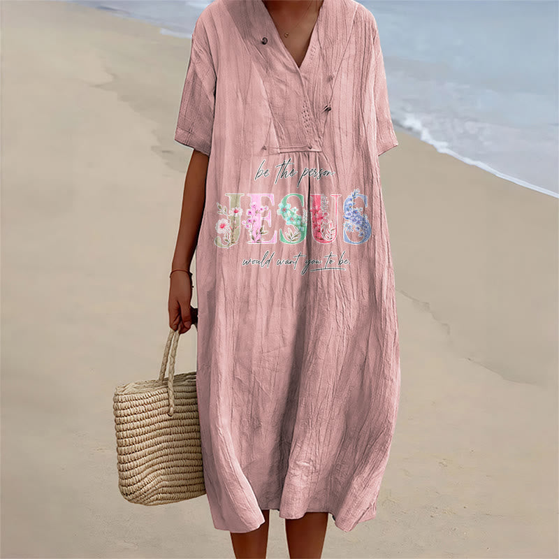 Christianartworkshop Sei die Person, die Jesus sich wünscht – Geblümtes Jesus-Midikleid mit V-Ausschnitt und kurzen Ärmeln - Rosa - 4XL - image 6