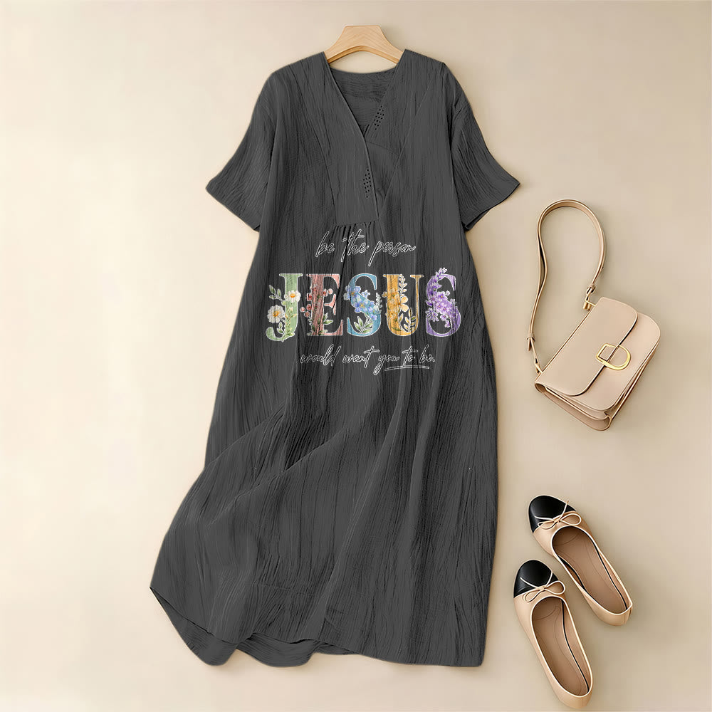 Christianartworkshop Sei die Person, die Jesus sich wünscht – Geblümtes Jesus-Midikleid mit V-Ausschnitt und kurzen Ärmeln - image 9