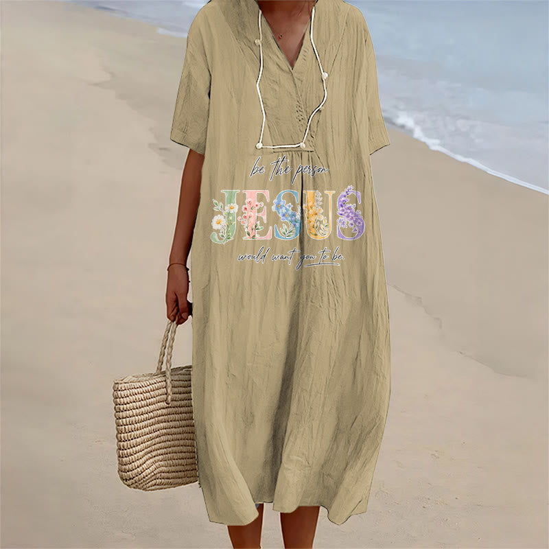 Christianartworkshop Sei die Person, die Jesus sich wünscht – Geblümtes Jesus-Midikleid mit V-Ausschnitt und kurzen Ärmeln - Khaki - 4XL - image 2