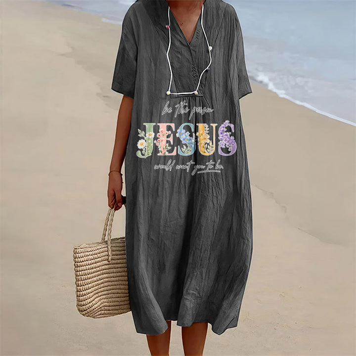 Christianartworkshop Sei die Person, die Jesus sich wünscht – Geblümtes Jesus-Midikleid mit V-Ausschnitt und kurzen Ärmeln - Schwarz - 4XL - image 8