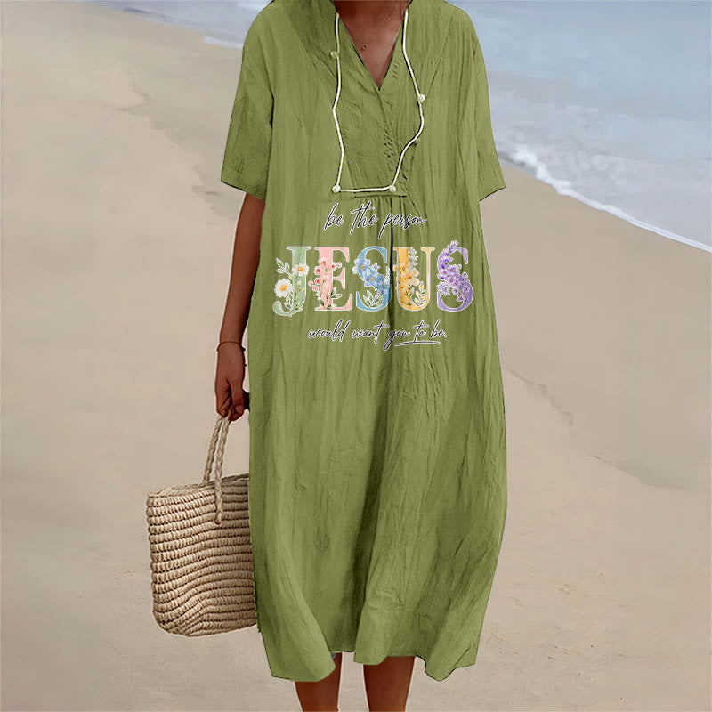 Christianartworkshop Sei die Person, die Jesus sich wünscht – Geblümtes Jesus-Midikleid mit V-Ausschnitt und kurzen Ärmeln - Olivgrün - 4XL - image 10
