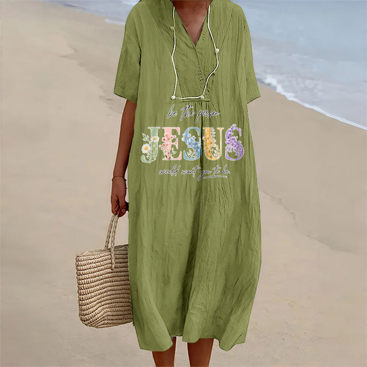 Christianartworkshop Sei die Person, die Jesus sich wünscht – Geblümtes Jesus-Midikleid mit V-Ausschnitt und kurzen Ärmeln - Olivgrün - 4XL - image 10