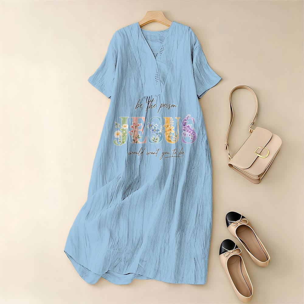 Christianartworkshop Sei die Person, die Jesus sich wünscht – Geblümtes Jesus-Midikleid mit V-Ausschnitt und kurzen Ärmeln - image 1
