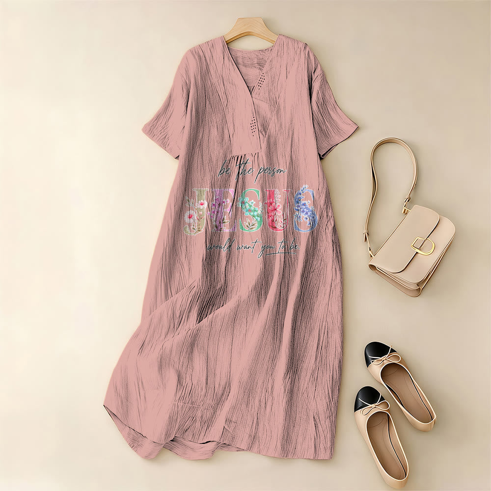 Christianartworkshop Sei die Person, die Jesus sich wünscht – Geblümtes Jesus-Midikleid mit V-Ausschnitt und kurzen Ärmeln - image 7
