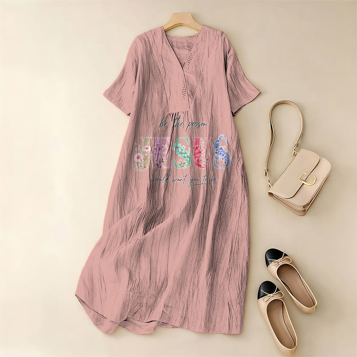 Christianartworkshop Sei die Person, die Jesus sich wünscht – Geblümtes Jesus-Midikleid mit V-Ausschnitt und kurzen Ärmeln - image 7