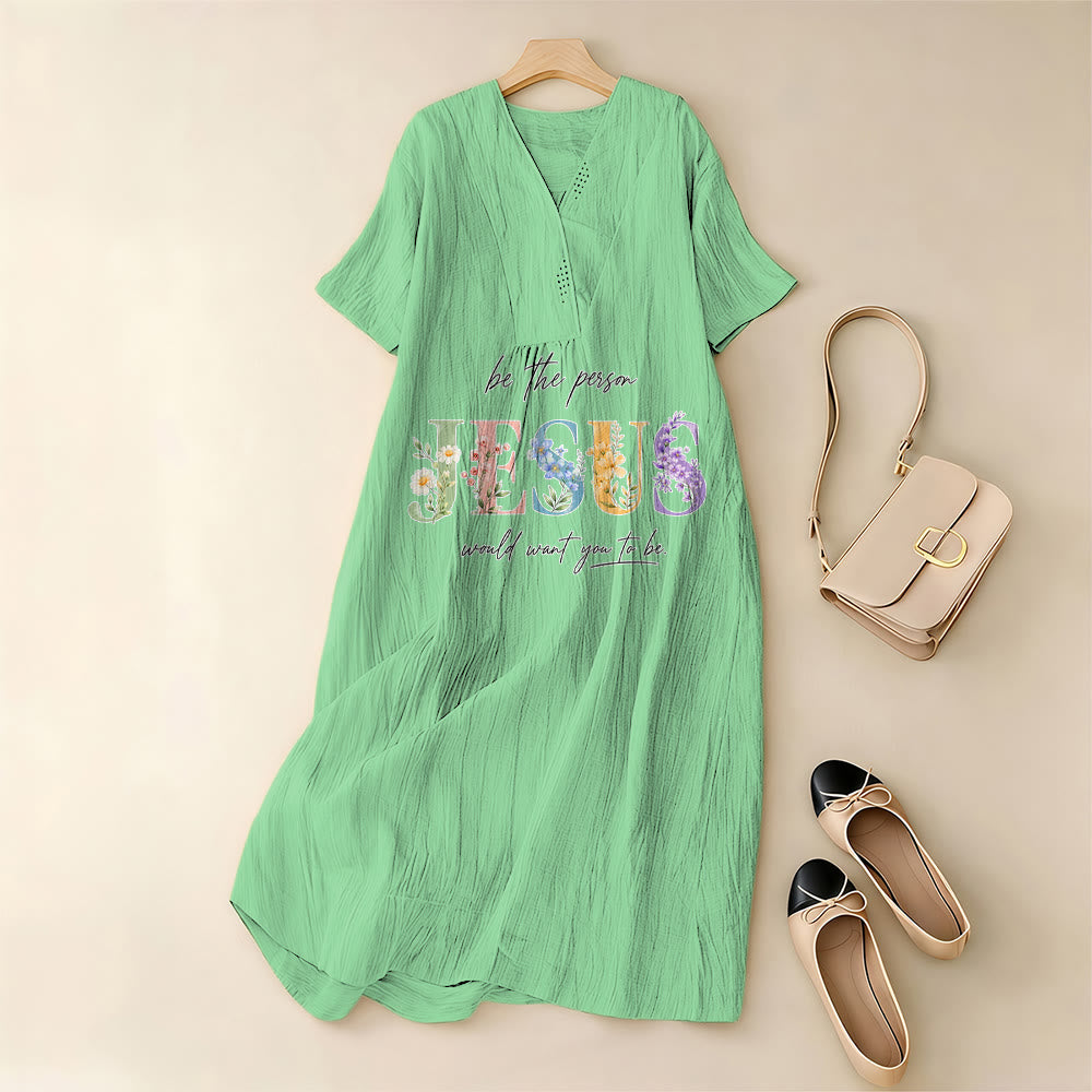 Christianartworkshop Sei die Person, die Jesus sich wünscht – Geblümtes Jesus-Midikleid mit V-Ausschnitt und kurzen Ärmeln - image 5