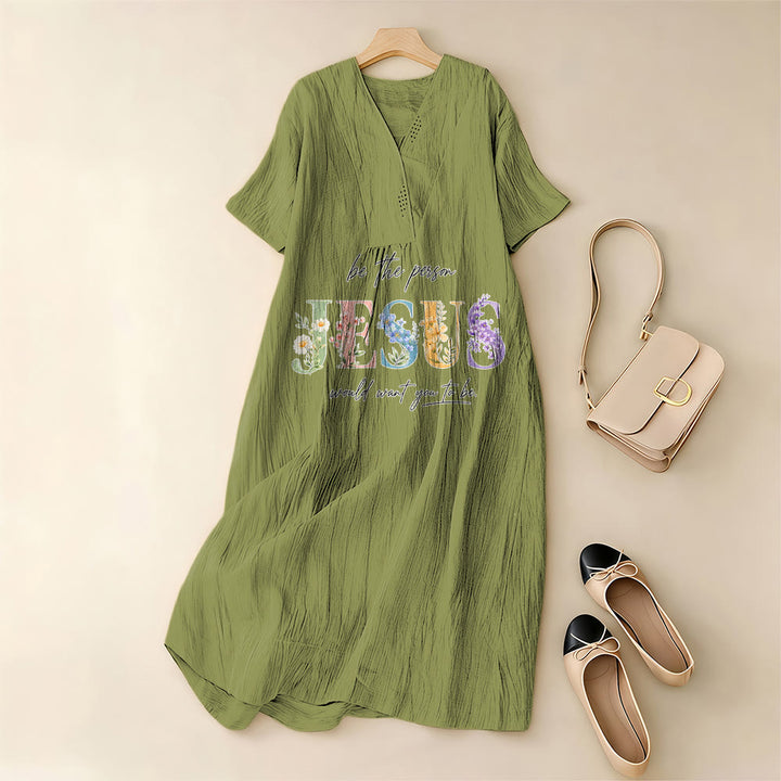 Christianartworkshop Sei die Person, die Jesus sich wünscht – Geblümtes Jesus-Midikleid mit V-Ausschnitt und kurzen Ärmeln - image 11
