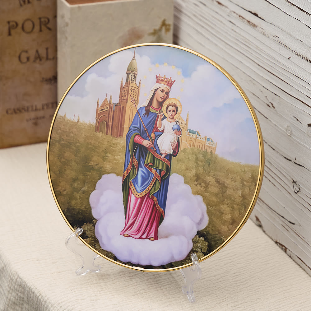 Christianartworkshop Tischornament Madonna mit Kind vor Kathedralenhintergrund und Goldrand: Ein Symbol marianischer Gnade - image 2