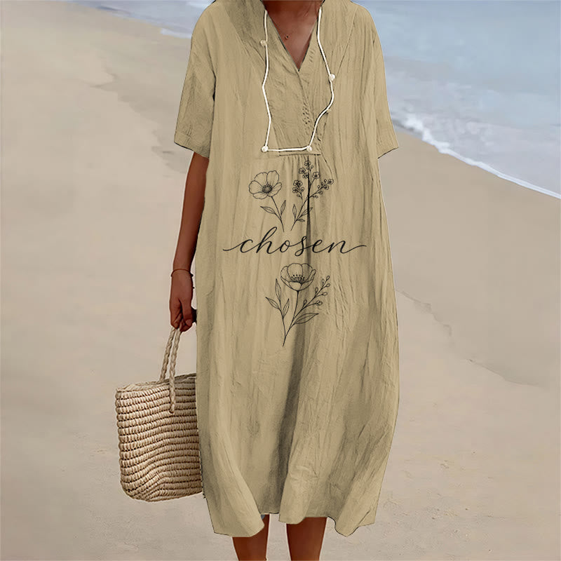 Christianartworkshop Inspirierendes Midikleid mit floralem Akzent, V-Ausschnitt und kurzen Ärmeln - Khaki - 4XL - image 0