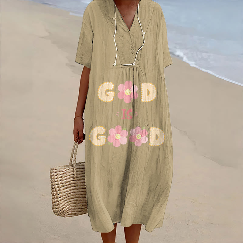 Christianartworkshop Andachtsvolles Midikleid mit Blumenmuster, V-Ausschnitt und kurzen Ärmeln, Aufschrift „Gott ist gut“. - Khaki - 4XL - image 2