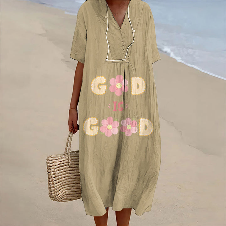 Christianartworkshop Andachtsvolles Midikleid mit Blumenmuster, V-Ausschnitt und kurzen Ärmeln, Aufschrift „Gott ist gut“. - Khaki - 4XL - image 2