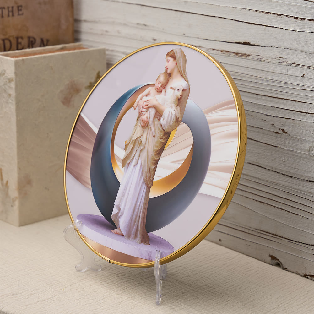 Christianartworkshop Lebendige Tischdekoration Madonna mit Kind und Lamm, mit Goldrand und abstraktem Heiligenschein: Ein tägliches Symbol für Trost und Reinheit - image 1