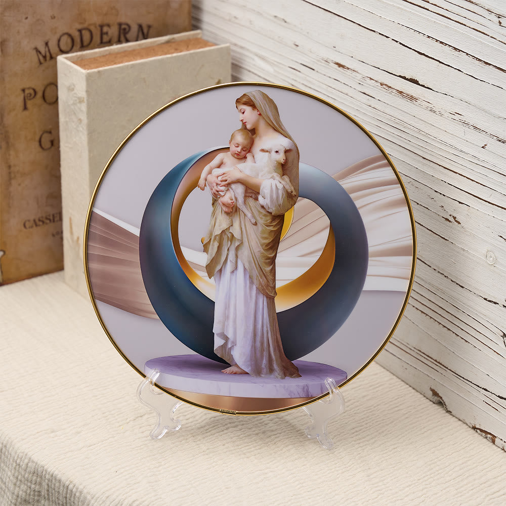 Christianartworkshop Lebendige Tischdekoration Madonna mit Kind und Lamm, mit Goldrand und abstraktem Heiligenschein: Ein tägliches Symbol für Trost und Reinheit - Madonna mit Kind und Lamm - image 0