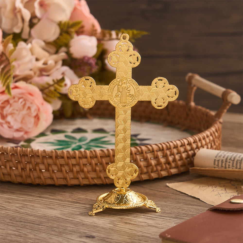 Christianartworkshop Prunkvolles St.-Benedikt-Kreuz als Tischdekoration mit Goldfinish und Perlenverzierungen: Ein Symbol göttlichen Schutzes - image 7
