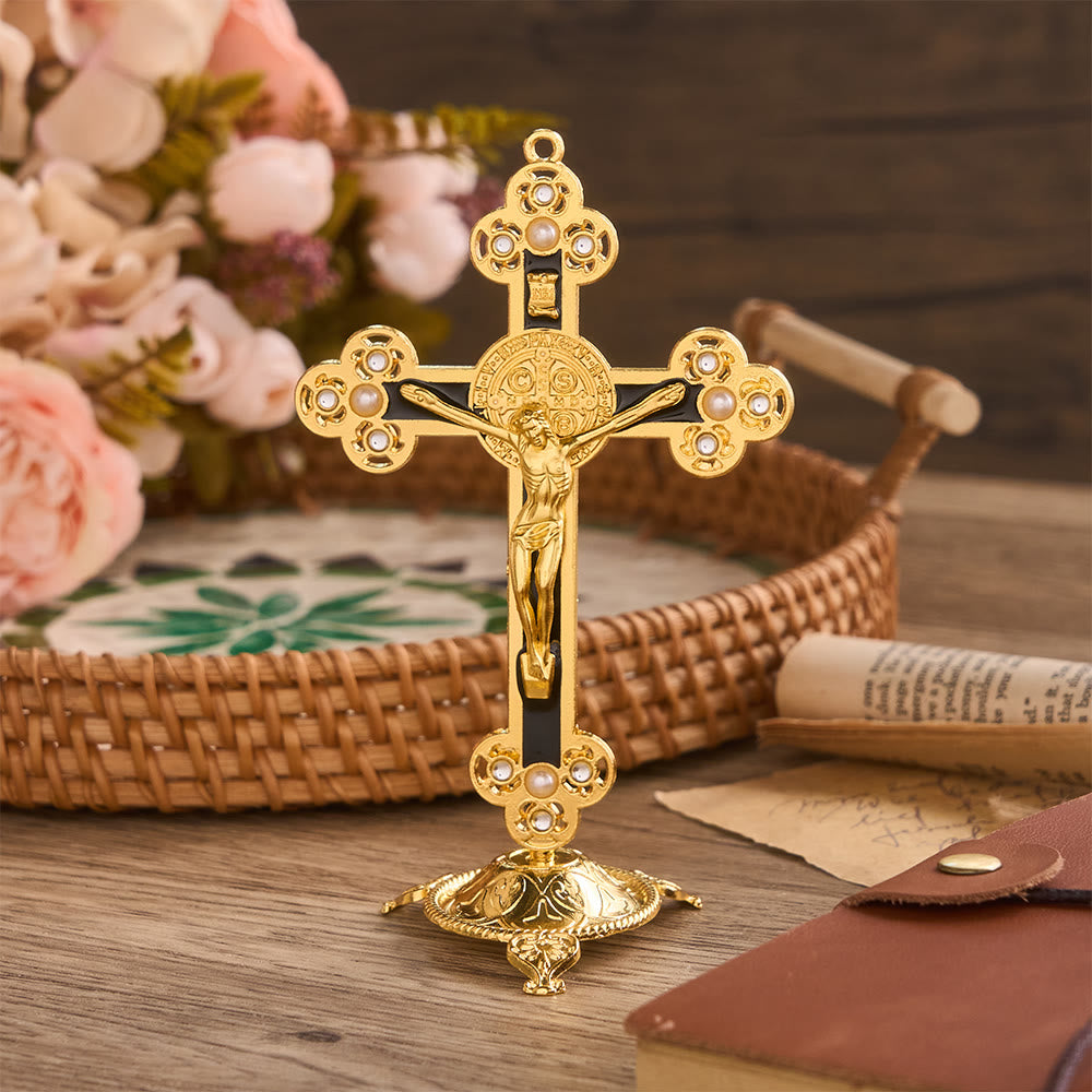 Christianartworkshop Prunkvolles St.-Benedikt-Kreuz als Tischdekoration mit Goldfinish und Perlenverzierungen: Ein Symbol göttlichen Schutzes - Schwarz - image 5