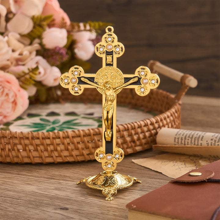 Christianartworkshop Prunkvolles St.-Benedikt-Kreuz als Tischdekoration mit Goldfinish und Perlenverzierungen: Ein Symbol göttlichen Schutzes - Schwarz - image 5